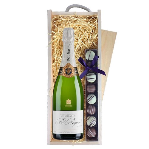 Pol Roger Brut Reserve Champagne 75cl & Truffles, Wooden Box